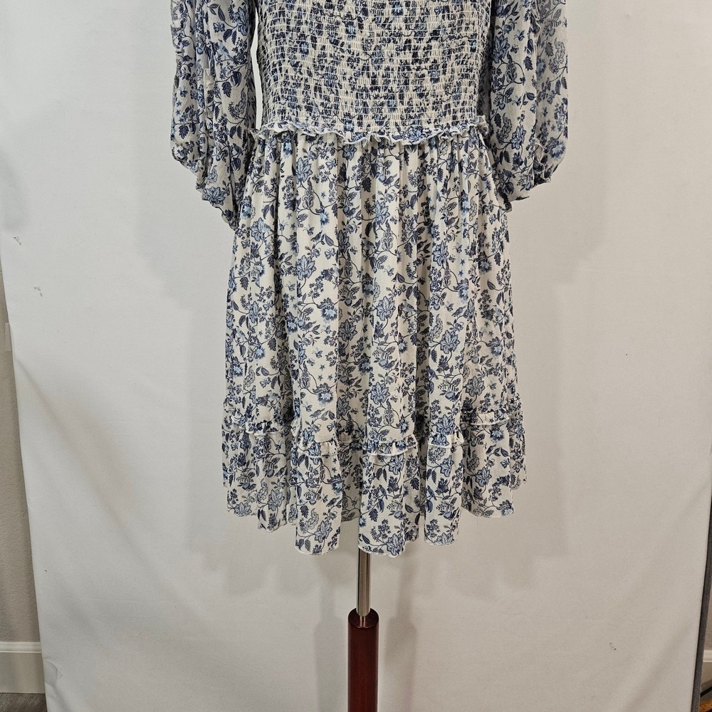 Super Natural Puff Sleeve Mini Dress L Blue Floral Smocked Peasant Cottage - Picture 8 of 15